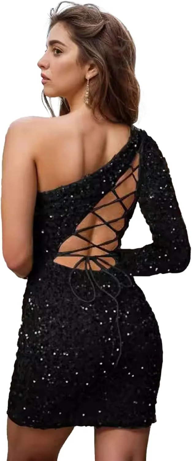 PORRCEY Women's Sexy Elegant Sequins Mesh See Through Bodycon Birthday Party Club Night Mini Dress