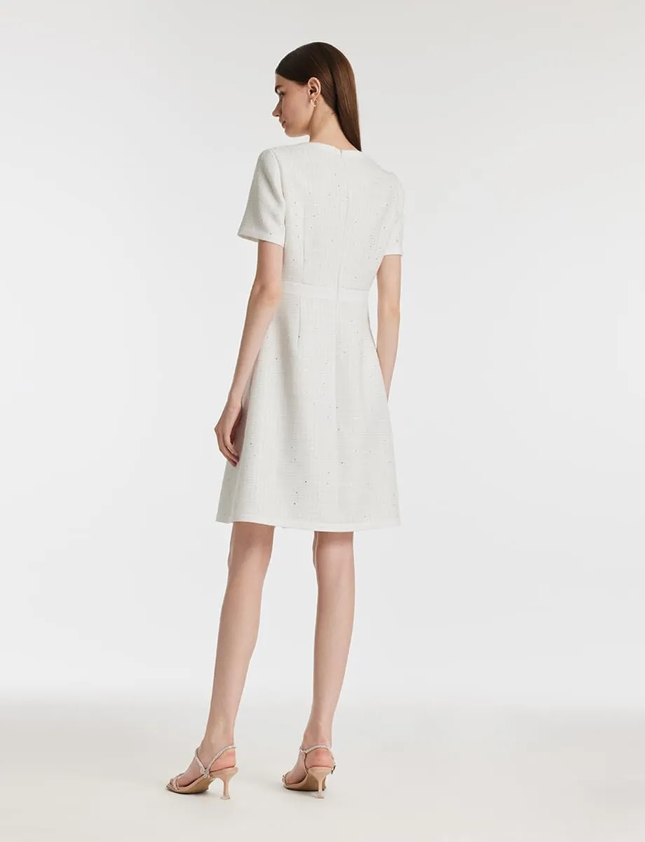 Summer Tweed Dresses for Women Short Sleeve A-Line Mini Crew Neck Lace Elegant Dress Casual Daily