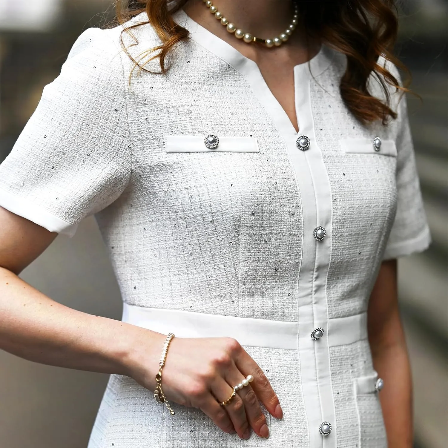 Summer Tweed Dresses for Women Short Sleeve A-Line Mini Crew Neck Lace Elegant Dress Casual Daily