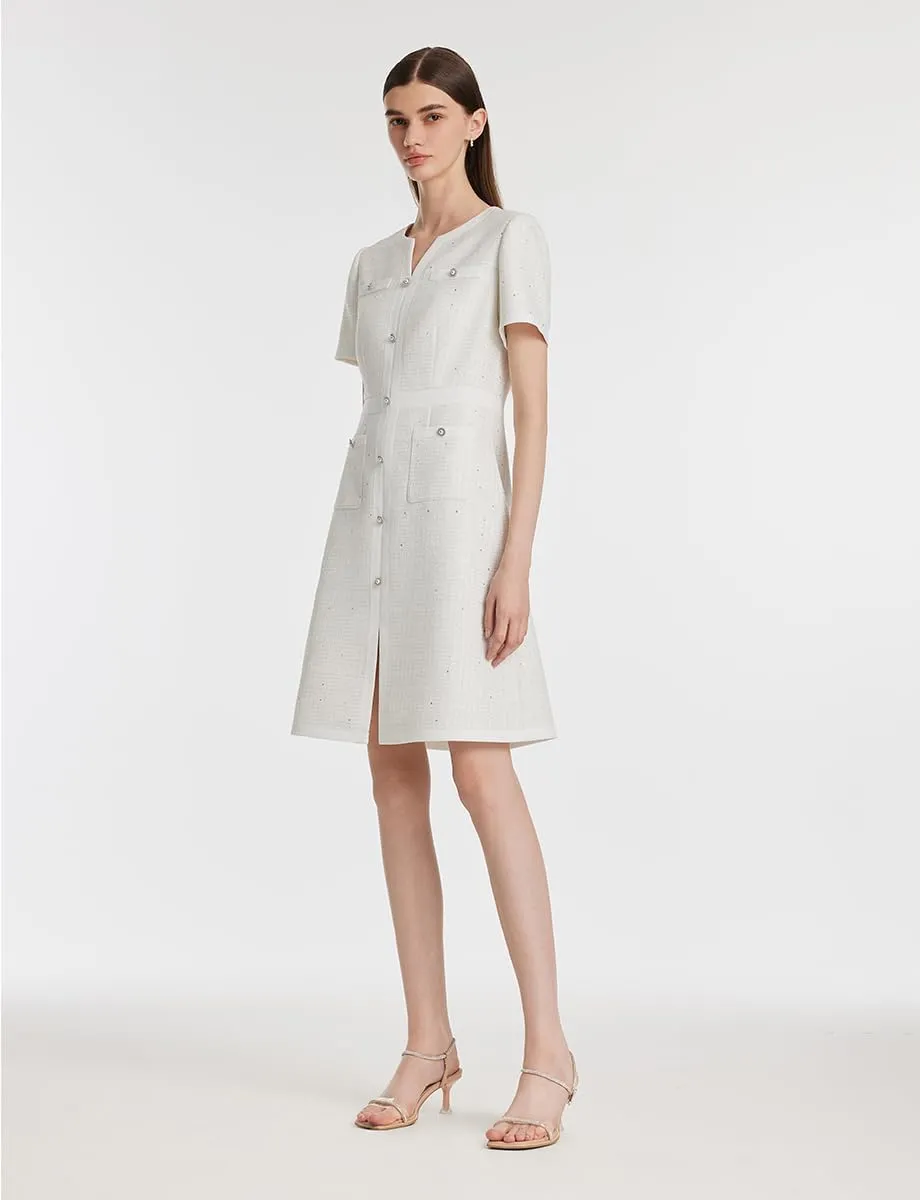 Summer Tweed Dresses for Women Short Sleeve A-Line Mini Crew Neck Lace Elegant Dress Casual Daily