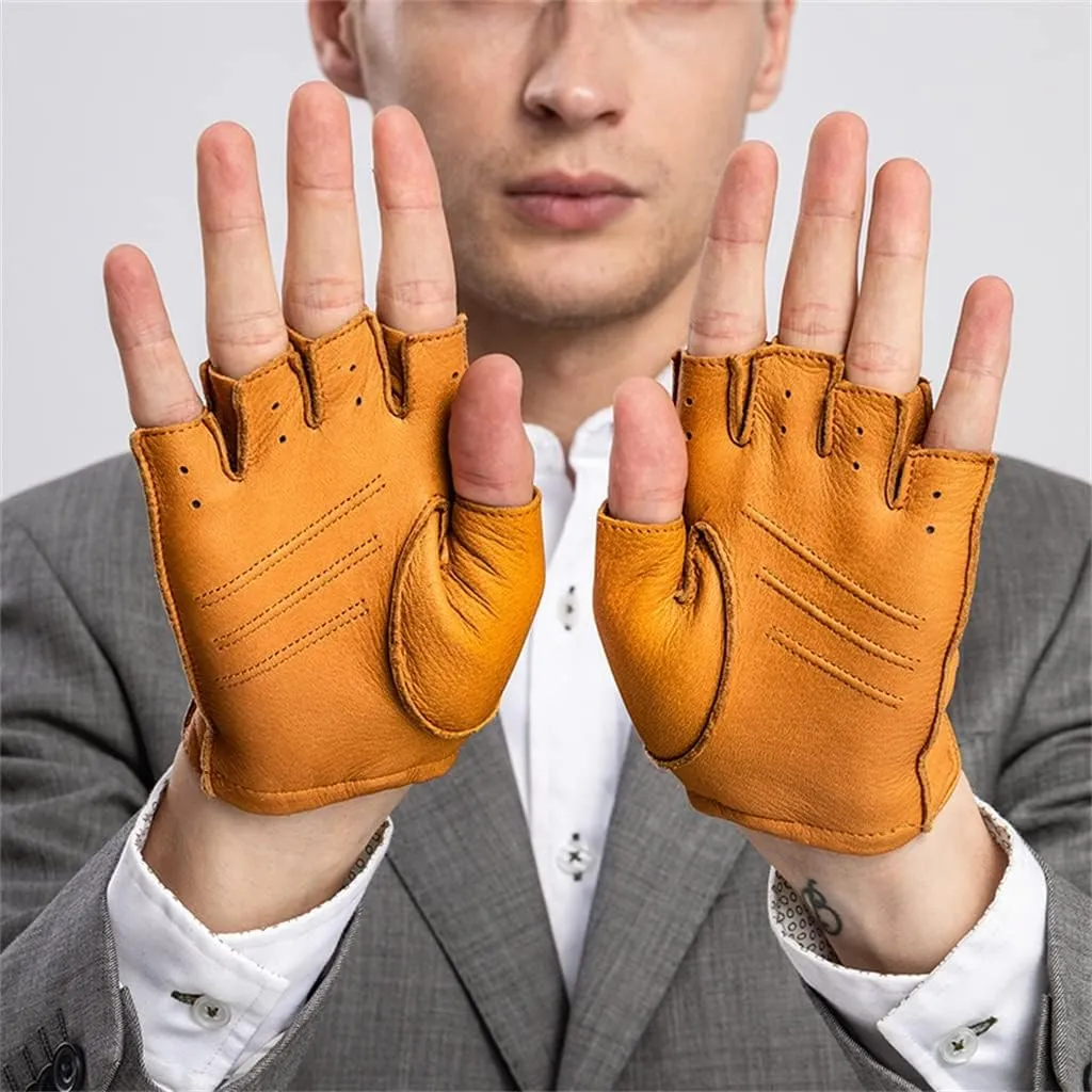 Thin Spring Men's Leather Driving Gloves Unlined Half Finger Gloves Fingerless Fitness Sports Gloves (Color : B Size : Small) (B X)