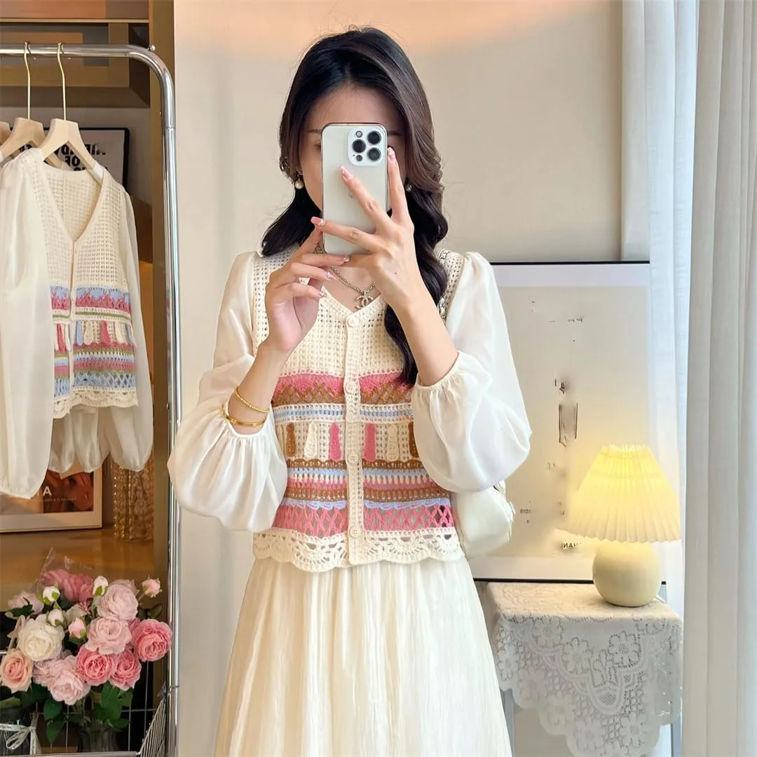 Women Embroidery Crochet Top Chiffon Sleeve Button Front Airy Shirts Sheer Open Knit Blouses