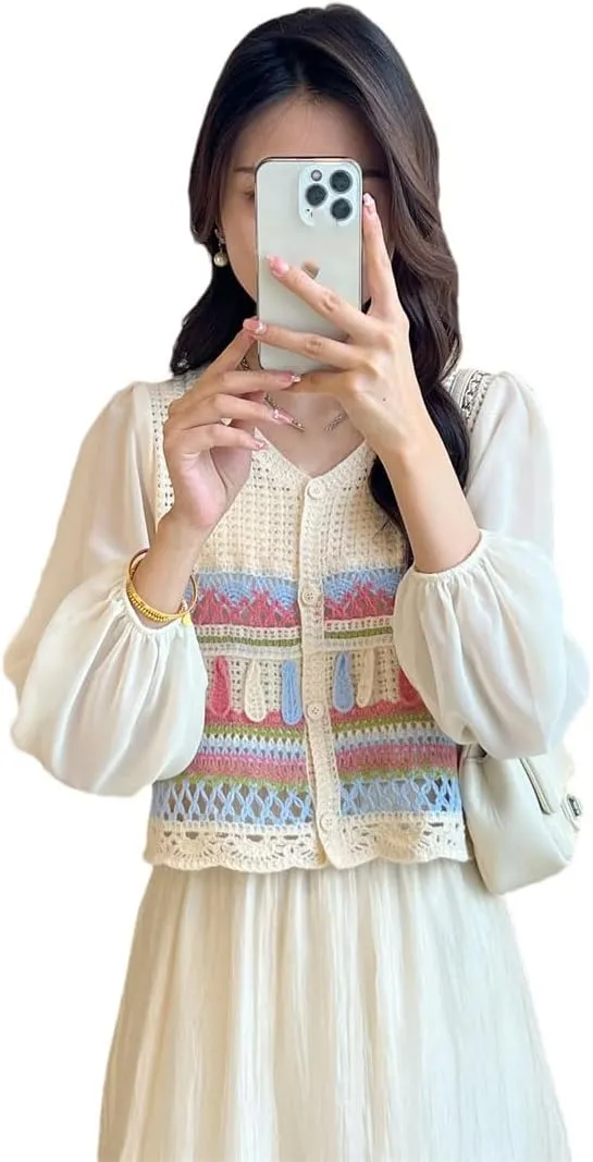 Women Embroidery Crochet Top Chiffon Sleeve Button Front Airy Shirts Sheer Open Knit Blouses