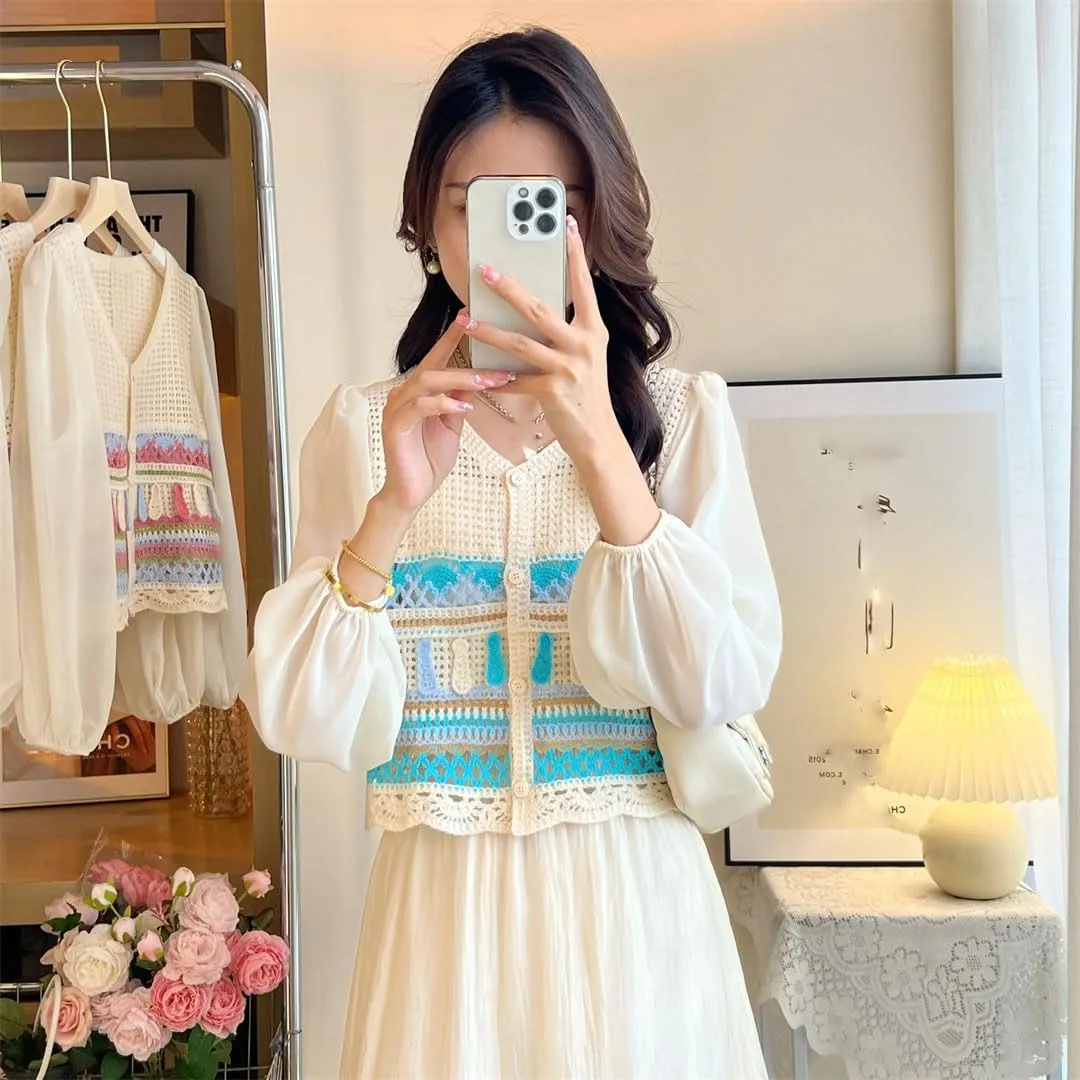Women Embroidery Crochet Top Chiffon Sleeve Button Front Airy Shirts Sheer Open Knit Blouses