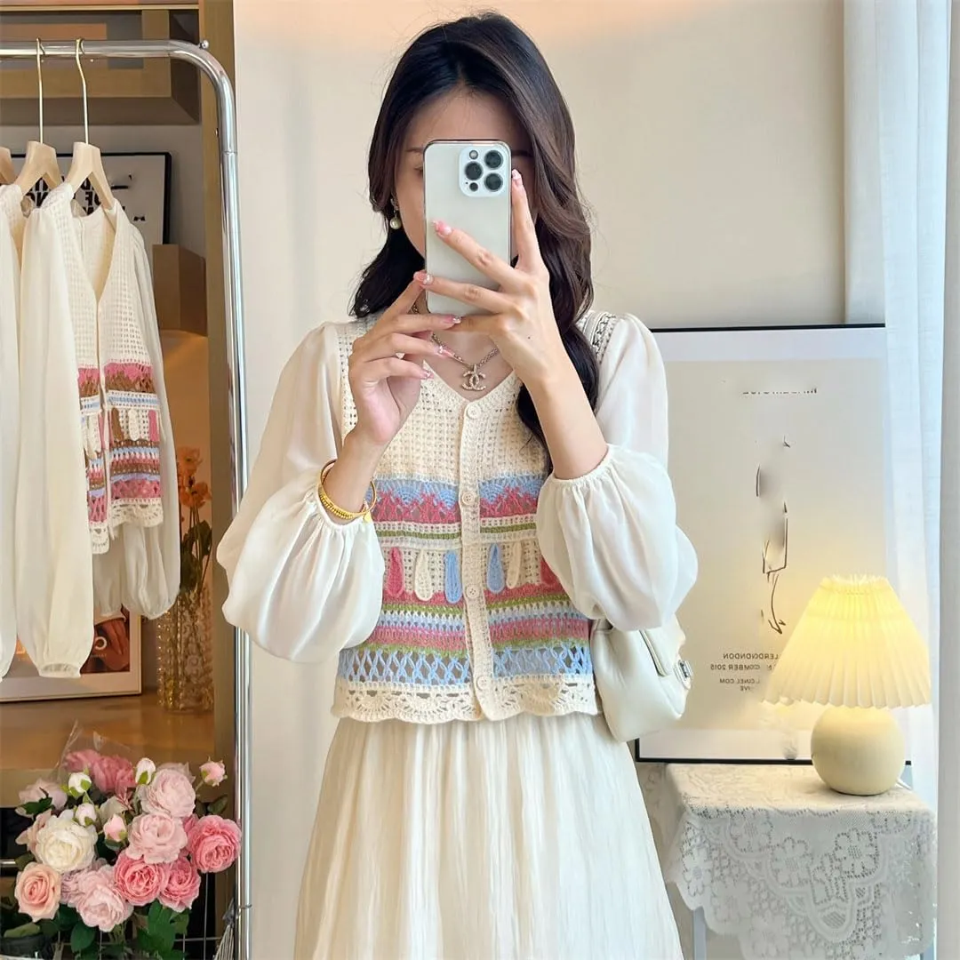 Women Embroidery Crochet Top Chiffon Sleeve Button Front Airy Shirts Sheer Open Knit Blouses