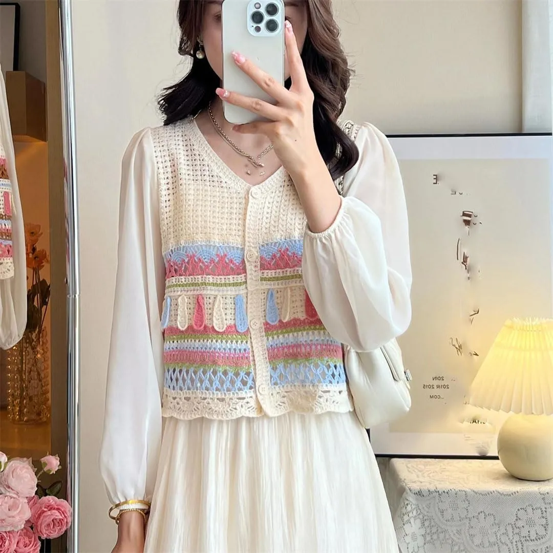 Women Embroidery Crochet Top Chiffon Sleeve Button Front Airy Shirts Sheer Open Knit Blouses