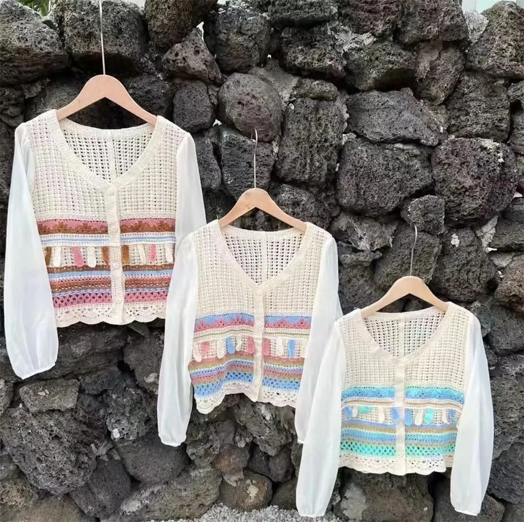 Women Embroidery Crochet Top Chiffon Sleeve Button Front Airy Shirts Sheer Open Knit Blouses