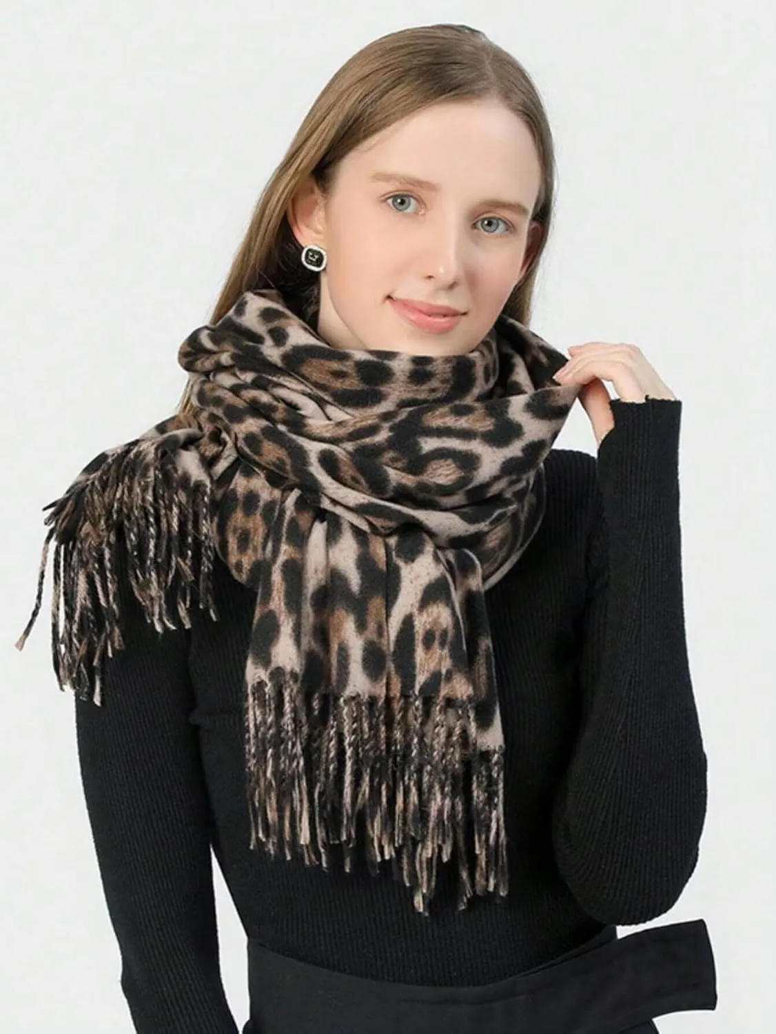 Women Fashion Leopard Cashmere Feel Winter Scarf Soft Long Double-sided Style Tassels Oversize Warm Shawl Scarves Wraps