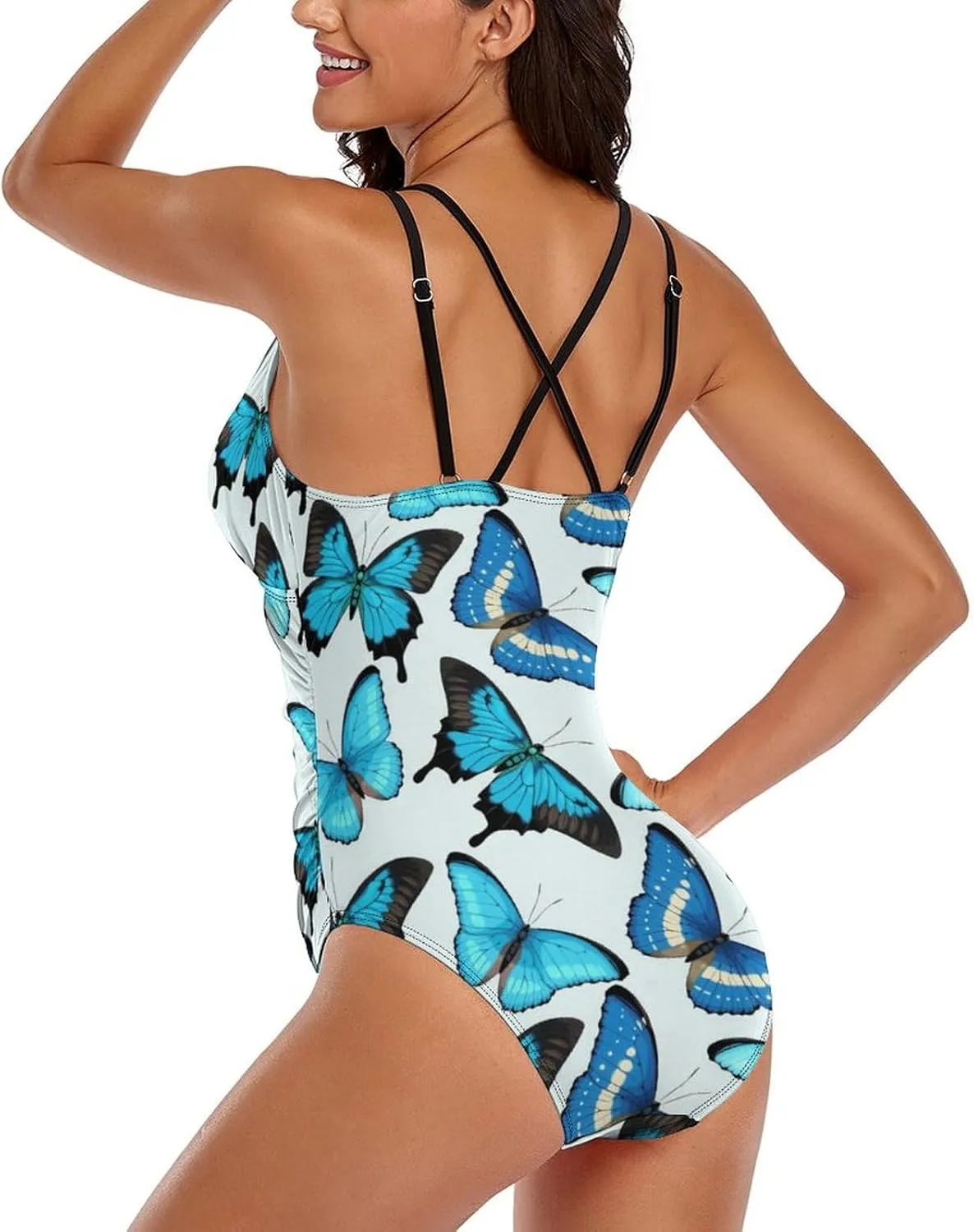 Women One Piece Swimsuits Halterneck Tummy Control Graceful Butterflies Sweet Full Coverage Bathing Suit