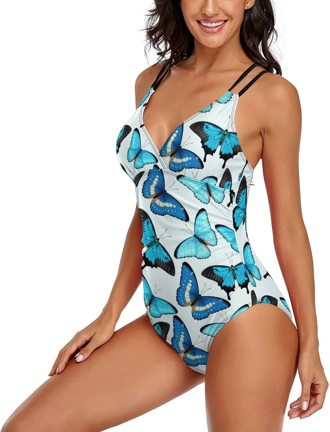 Women One Piece Swimsuits Halterneck Tummy Control Graceful Butterflies Sweet Full Coverage Bathing Suit