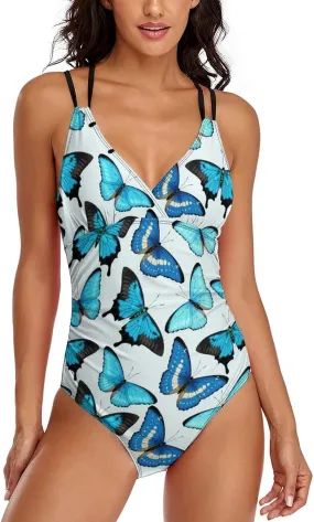 Women One Piece Swimsuits Halterneck Tummy Control Graceful Butterflies Sweet Full Coverage Bathing Suit