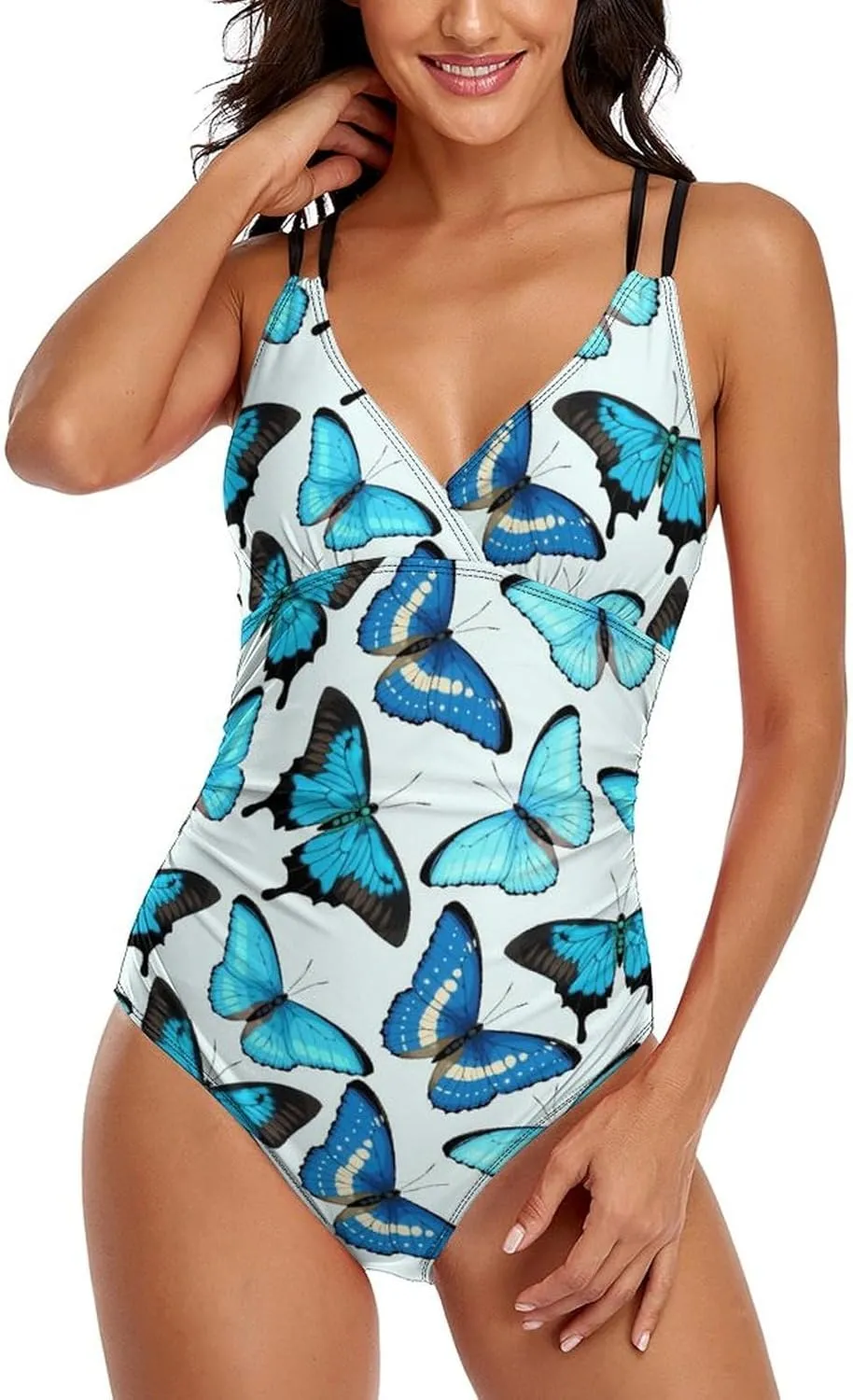 Women One Piece Swimsuits Halterneck Tummy Control Graceful Butterflies Sweet Full Coverage Bathing Suit