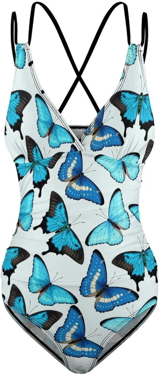 Women One Piece Swimsuits Halterneck Tummy Control Graceful Butterflies Sweet Full Coverage Bathing Suit