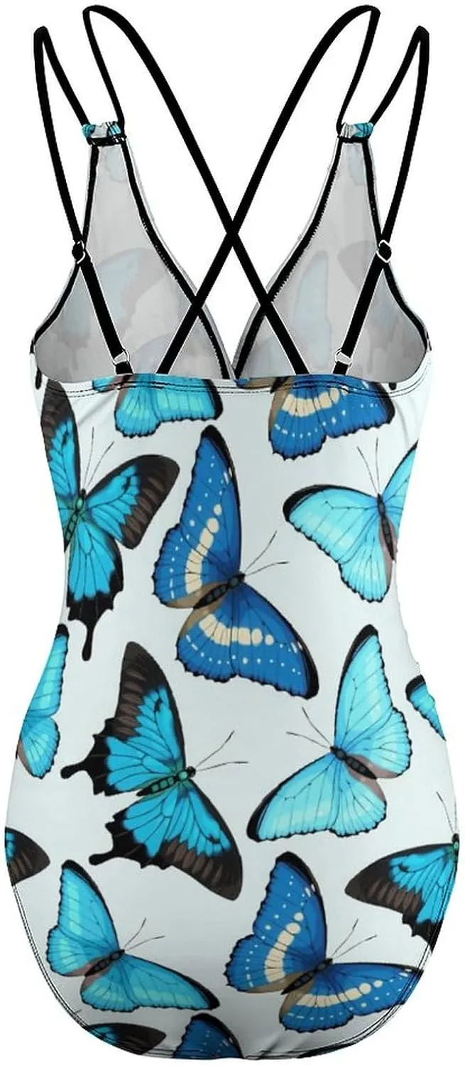 Women One Piece Swimsuits Halterneck Tummy Control Graceful Butterflies Sweet Full Coverage Bathing Suit