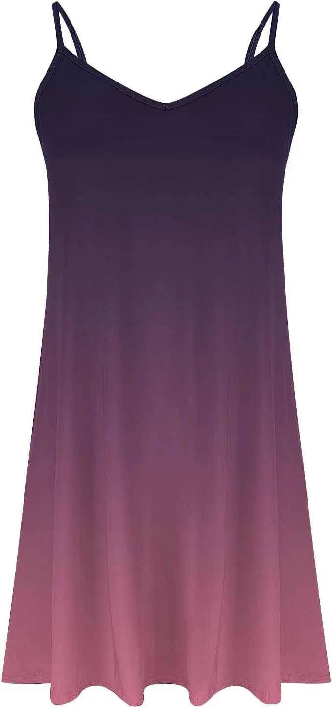 Women Spaghetti Straps Gradient Mini Dress Summer Sleeveless V Neck Vacation Cami Dresses Casual Flare Sundress