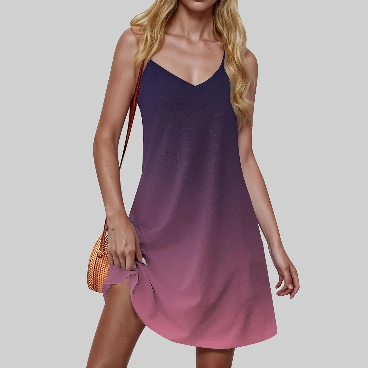 Women Spaghetti Straps Gradient Mini Dress Summer Sleeveless V Neck Vacation Cami Dresses Casual Flare Sundress