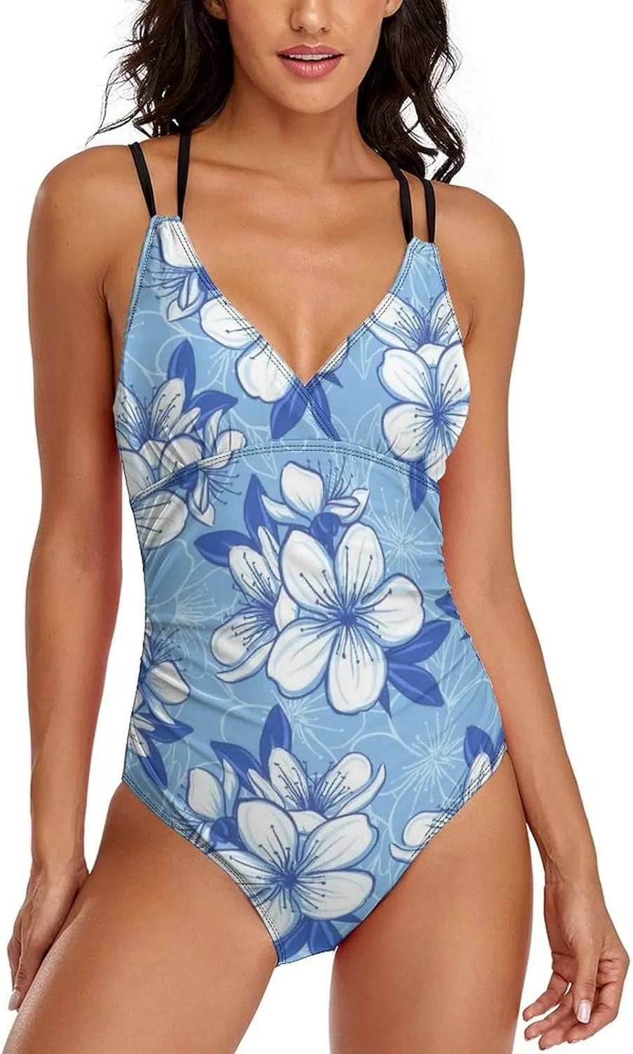 Womens One Piece Swimsuits Backless Crossed Tummy Control Blue Flowers Graceful Conservative Swimsuits