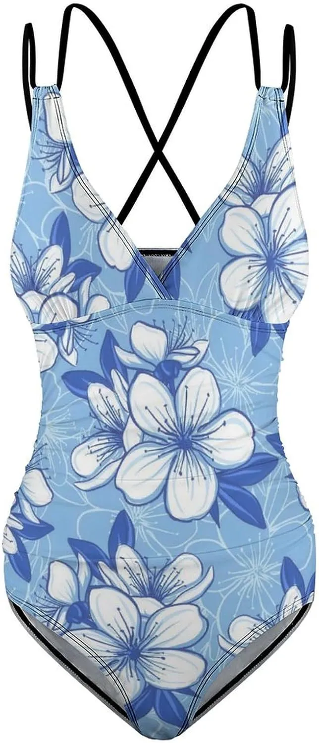 Womens One Piece Swimsuits Backless Crossed Tummy Control Blue Flowers Graceful Conservative Swimsuits