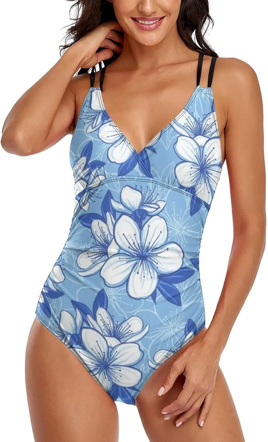 Womens One Piece Swimsuits Backless Crossed Tummy Control Blue Flowers Graceful Conservative Swimsuits