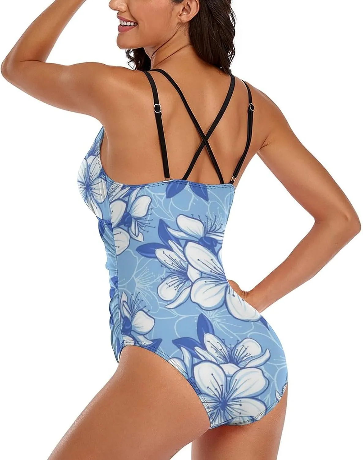 Womens One Piece Swimsuits Backless Crossed Tummy Control Blue Flowers Graceful Conservative Swimsuits