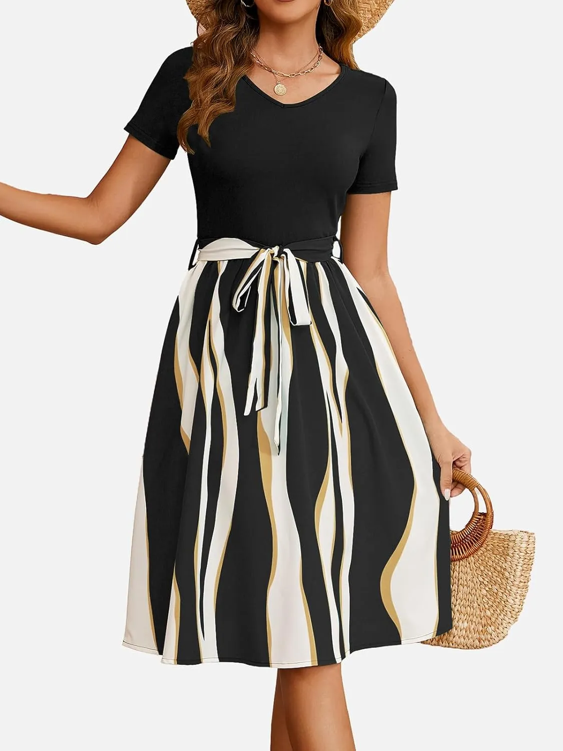 Women's Summer Casual Elegant Vintage Stripe V Neck Short Sleeve Work Party A-Line Knee-Length Dress with Belt D824
