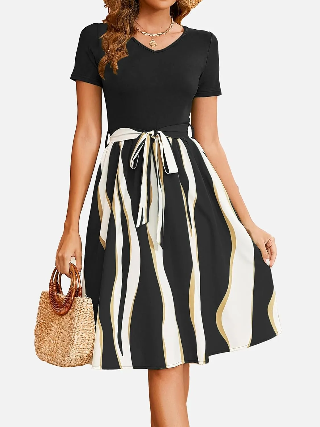 Women's Summer Casual Elegant Vintage Stripe V Neck Short Sleeve Work Party A-Line Knee-Length Dress with Belt D824