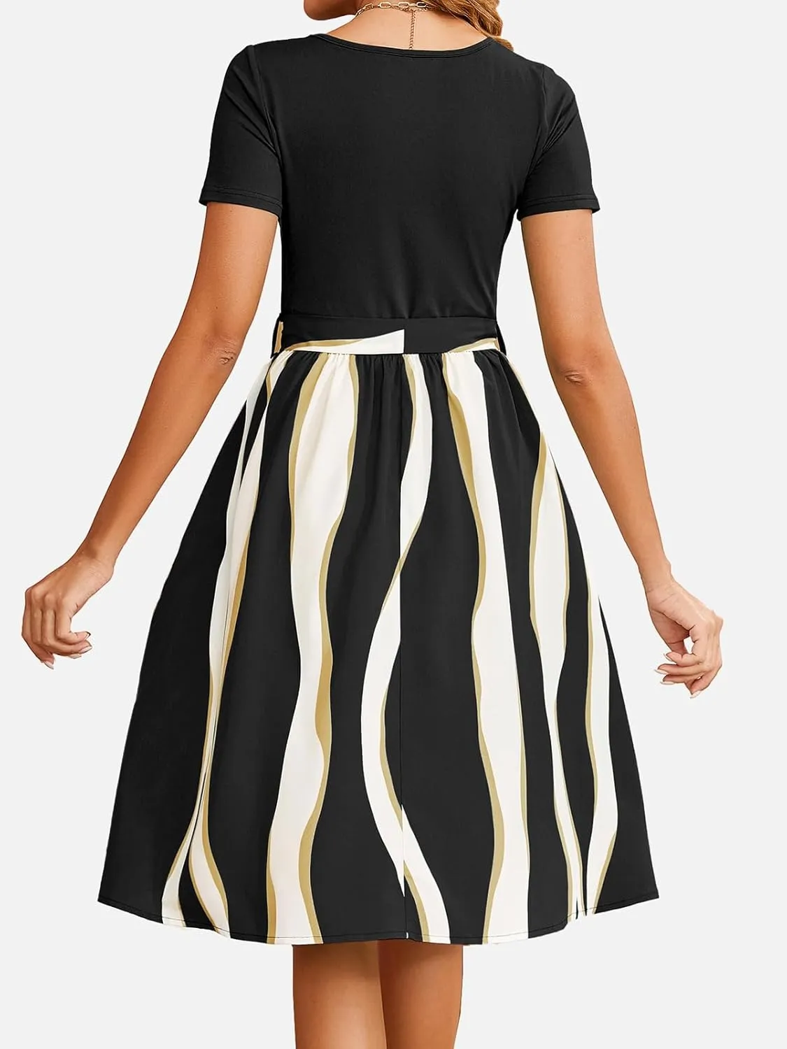 Women's Summer Casual Elegant Vintage Stripe V Neck Short Sleeve Work Party A-Line Knee-Length Dress with Belt D824