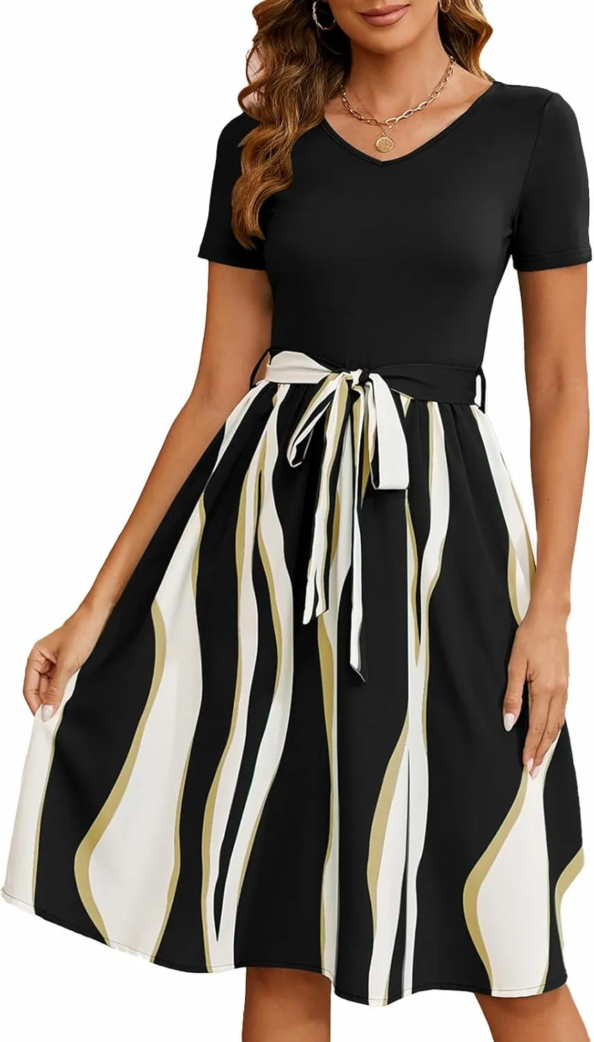 Women's Summer Casual Elegant Vintage Stripe V Neck Short Sleeve Work Party A-Line Knee-Length Dress with Belt D824